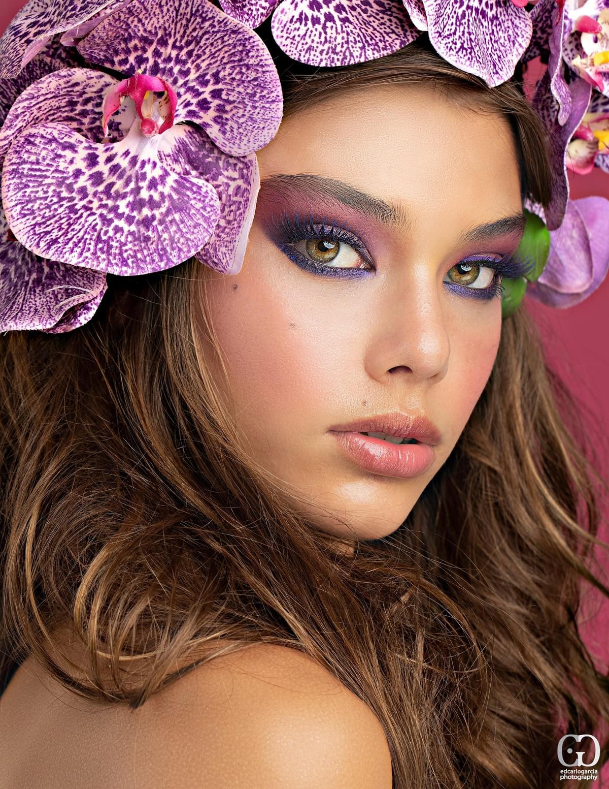 Beauty portrait with purple floral styling